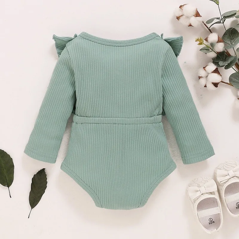 

Toddlers Spring Autumn Clothes Solid Color Ruffle Long Sleeves Ribbed Rompers with Bowknot for Baby Girl 0-18 Months