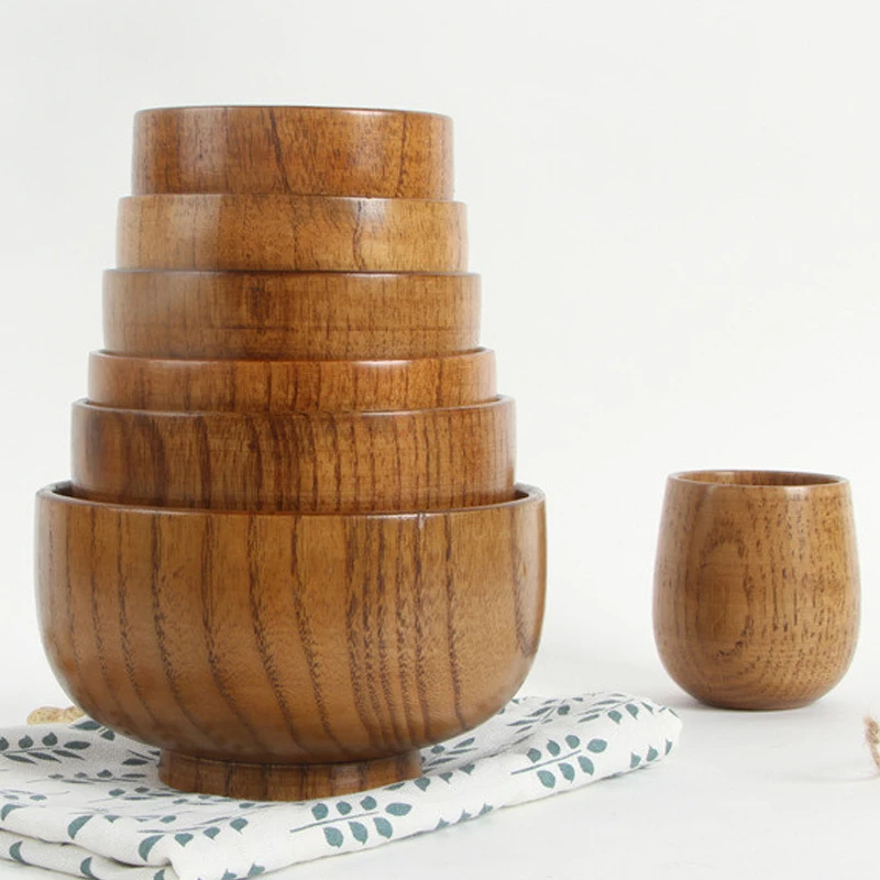 

Japanese Style Wooden Bowl Tableware Original Soup/Salad Rice Noodles Bowls Food Container Wood Eating Bowl for Children Kids