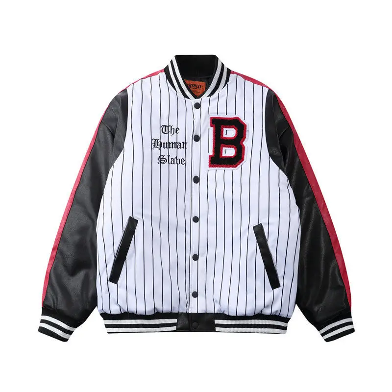 

Mens Stripe Patchwork Letter Embroidery Bomber Jackets Vintage Harajuku Long Sleeve Baseball Jacket 2020 Unisex Oversized Coats