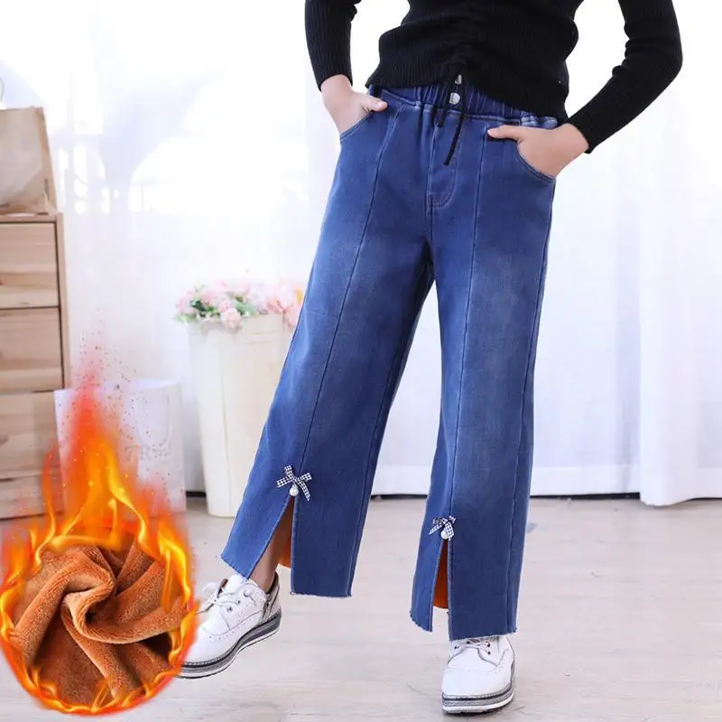 Корейские джинсы зимние джинсовые брюки бархатные теплые с оборками на талии