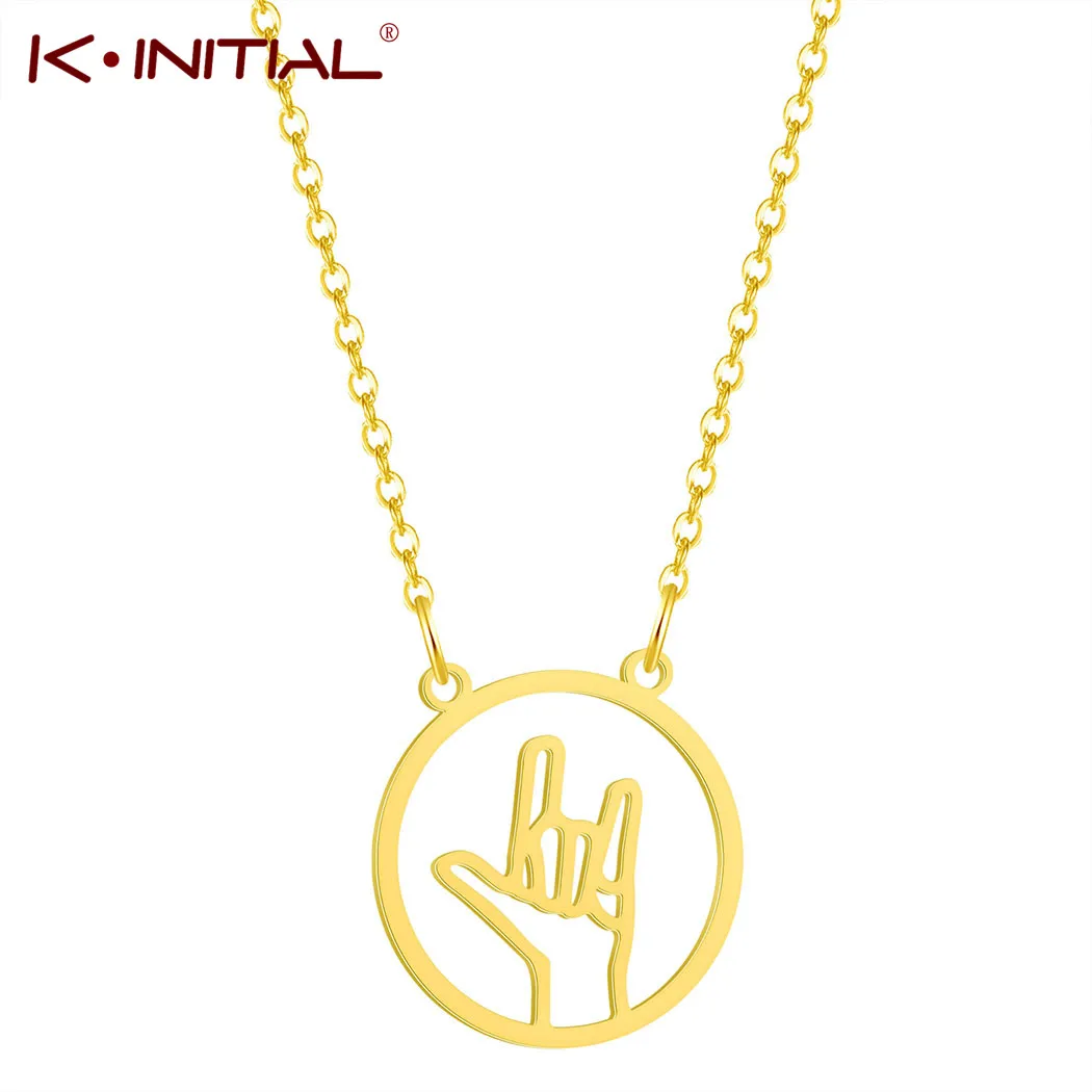 

Kinitial Stainless SteelHand Gestures Necklace I Love You Palm Sign Language Necklace Simple American Rock Necklaces Jewelry BFF