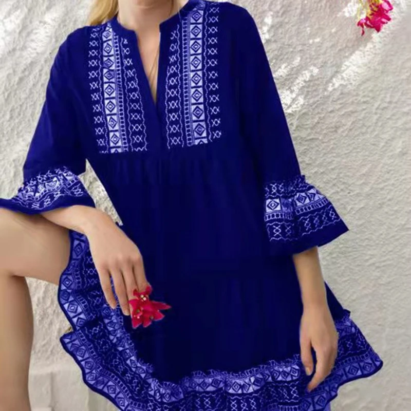 

Spring Autumn Women Flare Sleeve Mini Dress Casual V Neck Ladies Loose Party Dress Ruffles Patchwork Streetwear Dress Vestidos