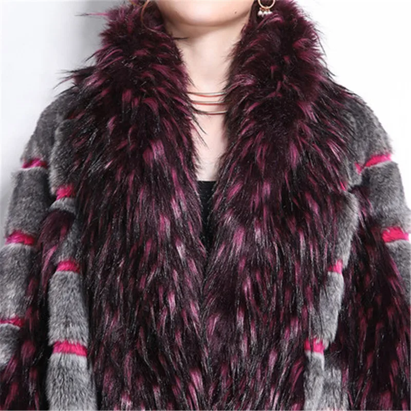 3XL Womens winter fashion 2022 luxury runway faux fur coat color block fluffy furry warm fake mink overcoat 870