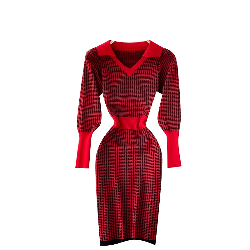 

Knit Dress Women Plaid Turn-Down Collar Bodycon Office Lady Houndstooth Elegant Long Sleeve Wrap Dress