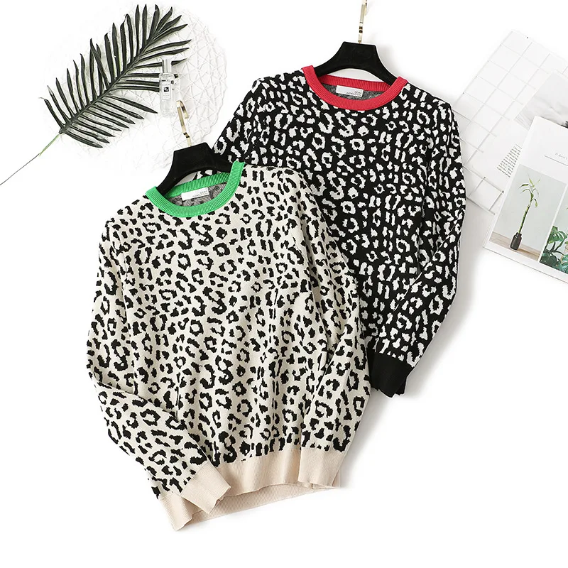 SINGRAIN Women Leopard Knitted Sweater Autumn Knit Tops Harajuku Fashion Pull Femme Oversized Basic Knitting Print Pullovers | Женская