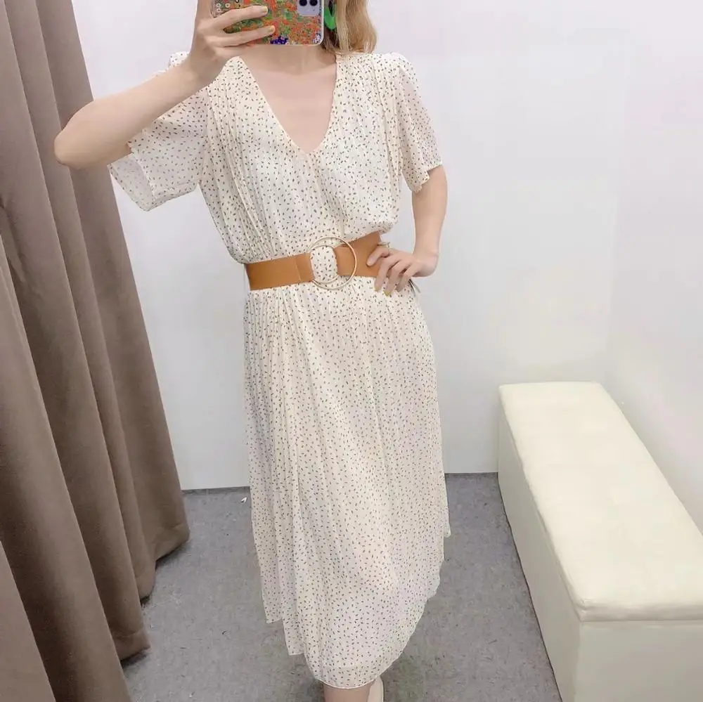 Женское шифоновое платье с поясом повседневное длинное плиссированное