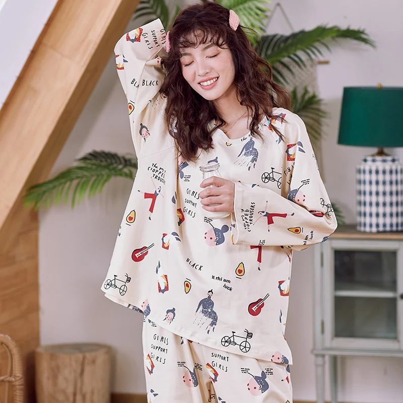 

Autumn Winter Knitted Cotton Pajamas Set For Women Loose Round Neck Pajamas Cute Cartoon Girl Nightwear Outdoor Casual Sleepwear