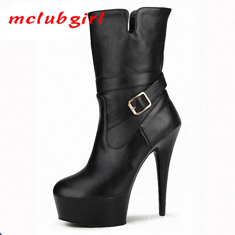 

Mclubgirl 2020 High Super High-heeled Short Boots 15cm Nightclub Lap Dance Low Boots Hollow Belt Buckle Winter Boots LYP