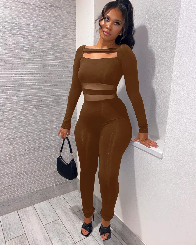 

Women Casual Solid Hollow Out Playsuit Fashion Autumn Sexy Mesh Perspective Patchwork Long Jumpsuits
