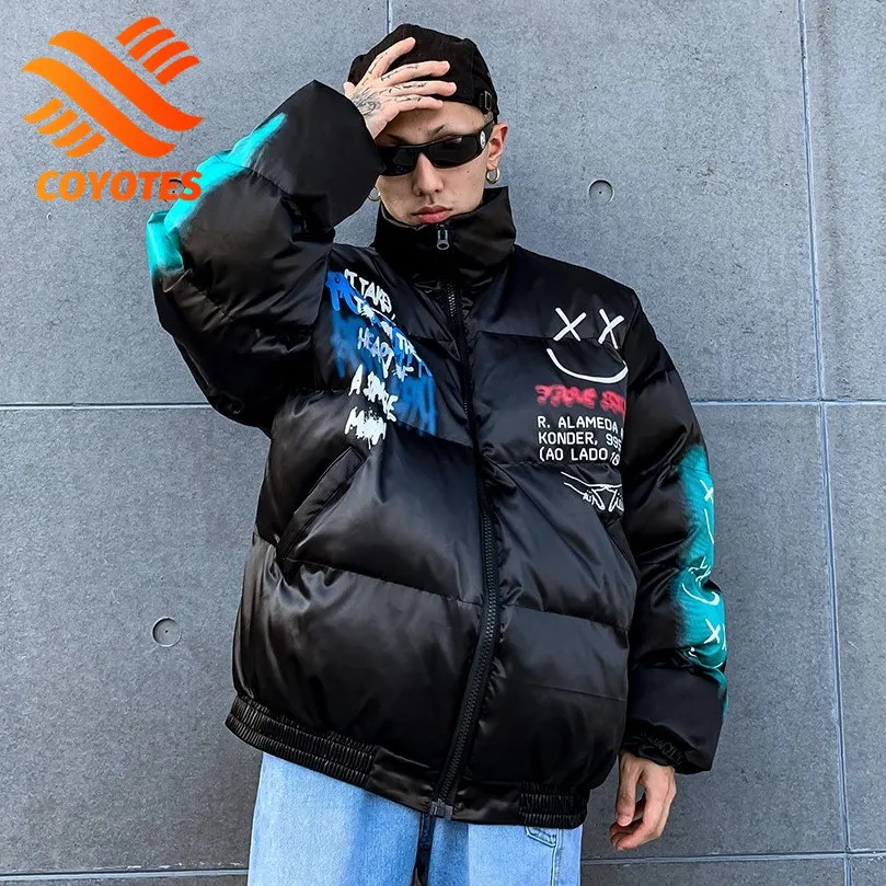 COYOTES Winter Mens Down Jacket Punk Graffiti Parka Harajuku Streetwear Oversized Coat Thick Warm Outwear Padded Jacket Unisex