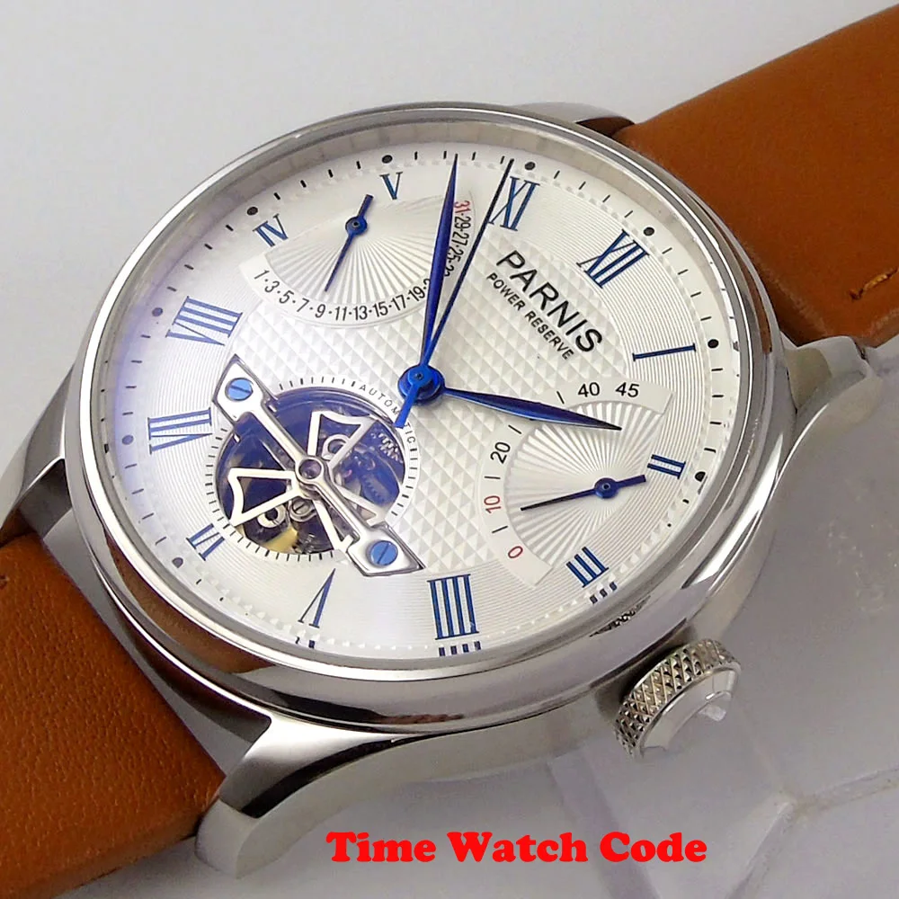 Мужские автоматические часы PARNIS с маховиком белый циферблат индикатор заряда даты полированные синие