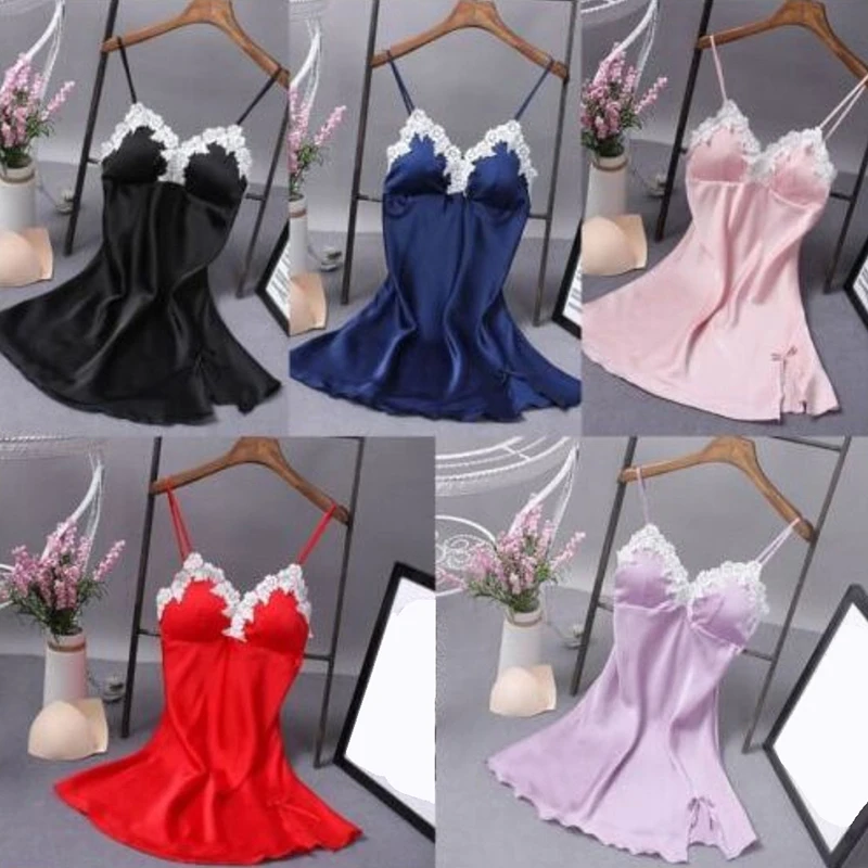 

Women's Sexy Lingerie Silk Nightgown Summer Dress Lace Night Dress Sleepwear Babydoll Nightie Satin Homewear Chest Pad Nightwear