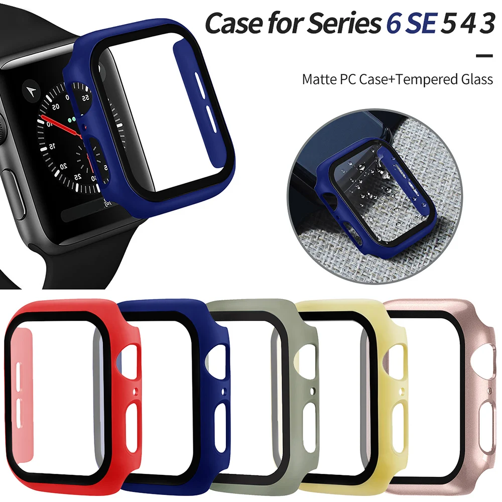 

Матовый чехол из поликарбоната со стеклянной пленкой для Apple Watch SE Series 6 5 4 3, защитный чехол для экрана iWatch 40 мм 44 мм 38/42 мм, бампер