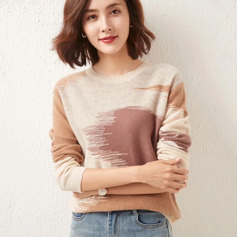 

2021New Ladies Round Neck Long-Sleeved Color matching Knitted Pullover Women Cashmere Sweater 100% Pure Wool Casual Slim Jacket
