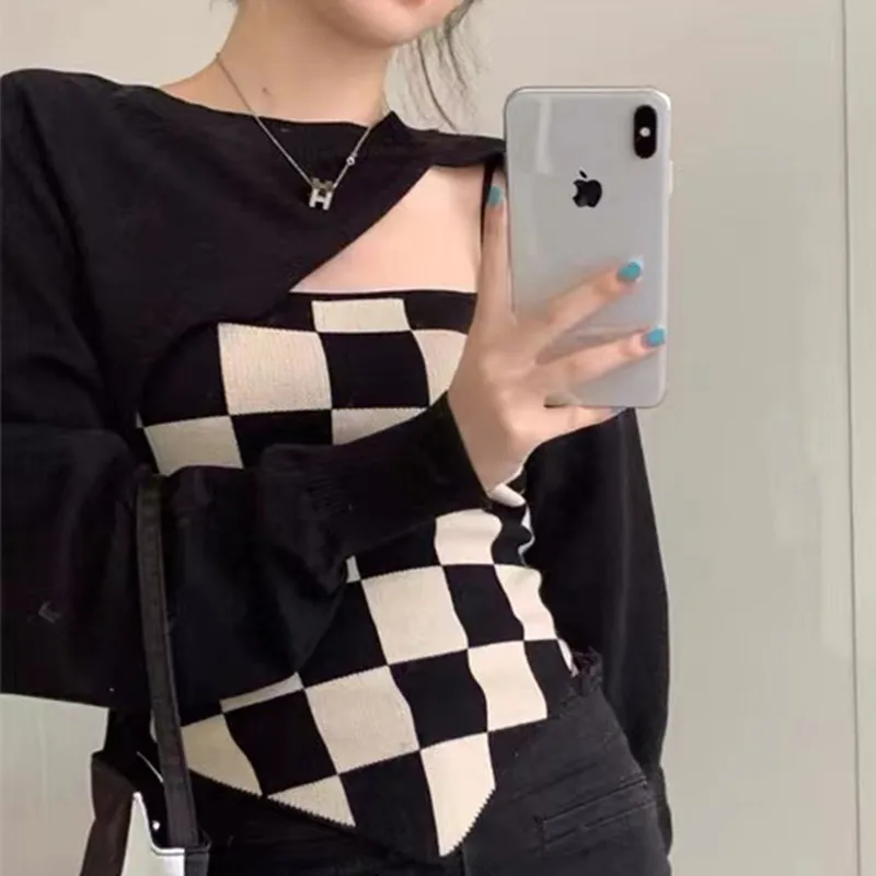 Женская Асимметричная футболка Tonngirls готический черный трикотажный пуловер +