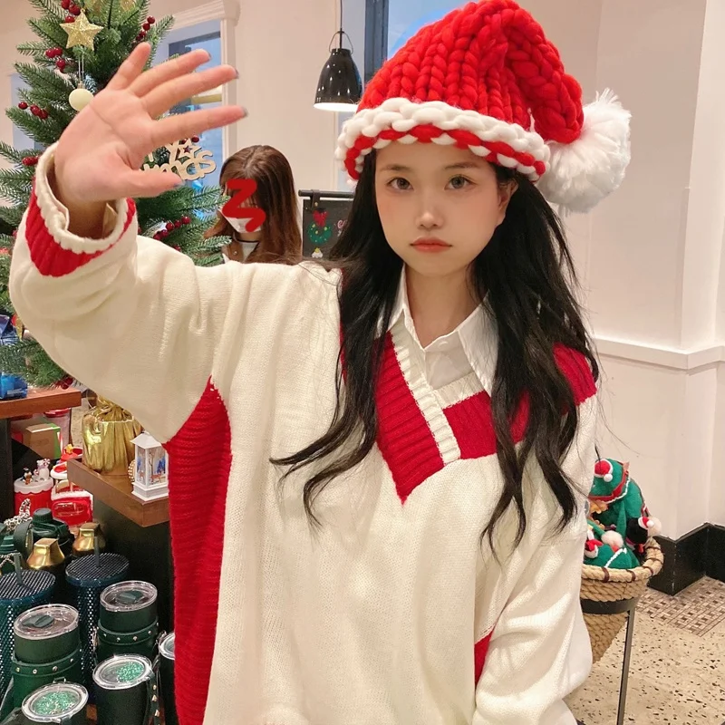 

Корейский Зимний милый Свободный пуловер для девочек Kawaii С v-образным вырезом, винтажный цветной контрастный Рождественский теплый красный...