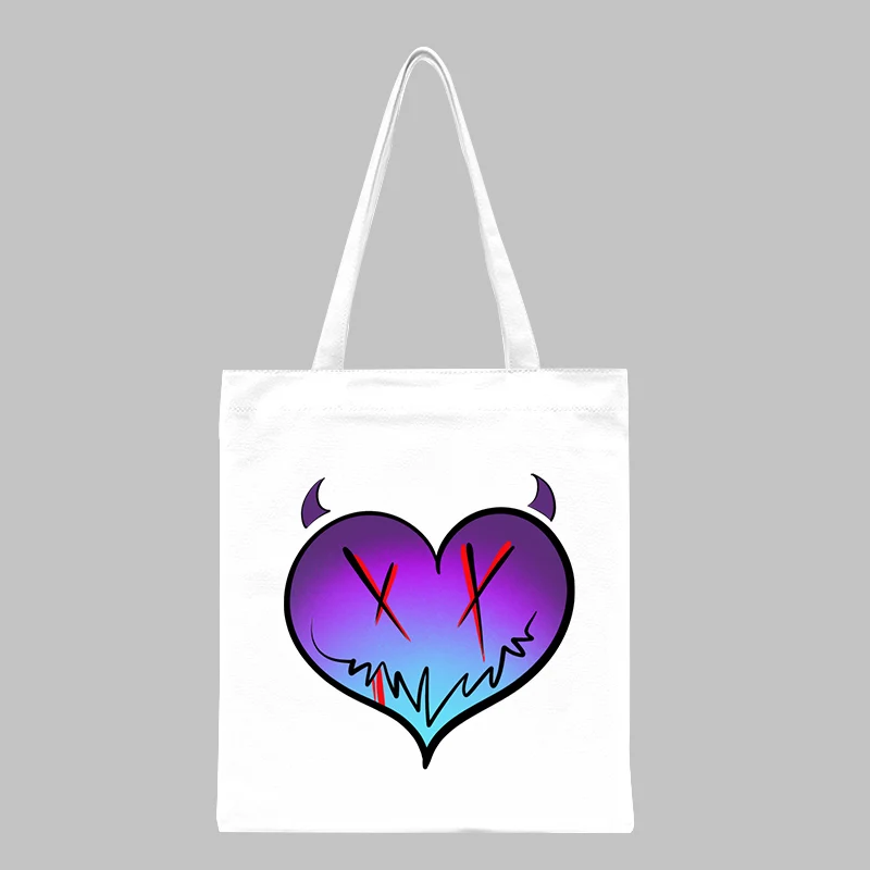 

Сумка-шоппер в форме сердца с изображением дьявола, холщовая сумочка на плечо с графическим рисунком, Милая женская сумка-шоппер без молнии ...