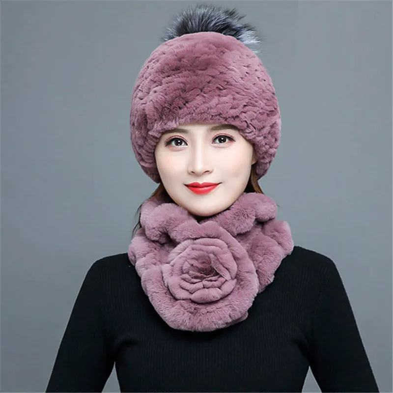 Женская шапка и шарф из 100% натурального меха кролика Рекс комфортная теплая