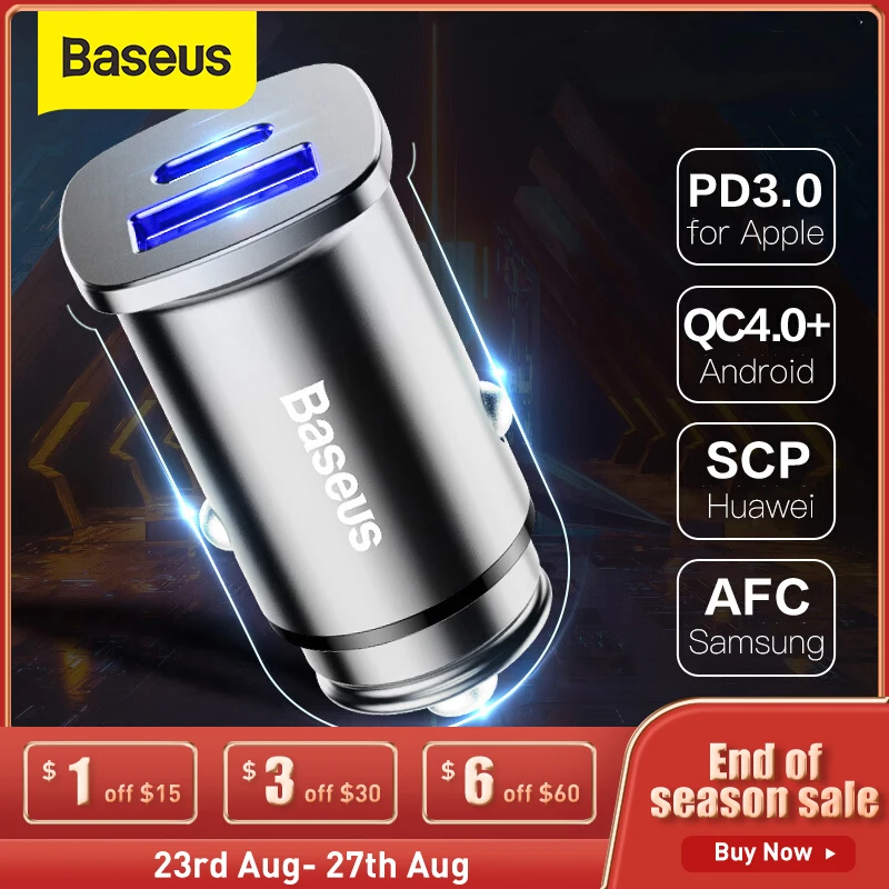 Автомобильное зарядное устройство Baseus 30 Вт USB Type C PD Quick Charge 4 0 3 SCP мобильный