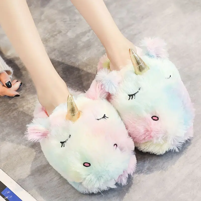Unicorn Slippers Плюшевые тапочки с единорогом для взрослых и женщин; коллекция года; нескользящие домашние тапочки для девочек; обувь единорога; теплая мягкая зимняя обувь для спальни - Цвет: Unicorn Slippers