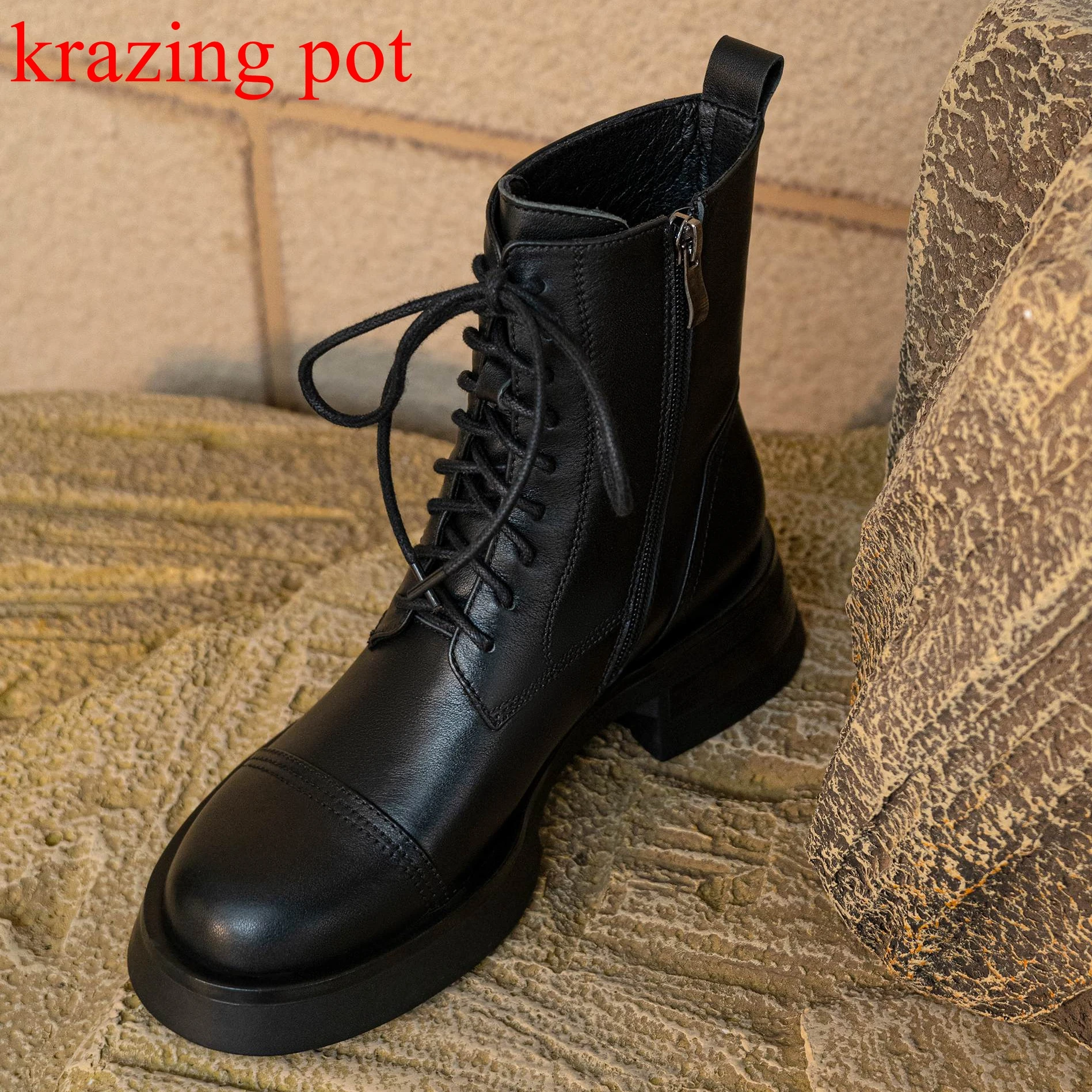 Online Sepatu Boots Chelsea Fashion Tinggi Retro Hak Med Persegi Ujung Bundar Kulit Sapi Panci Krazing Sepatu Bot Pergelangan Kaki Diikat Silang Tetap Hangat L13