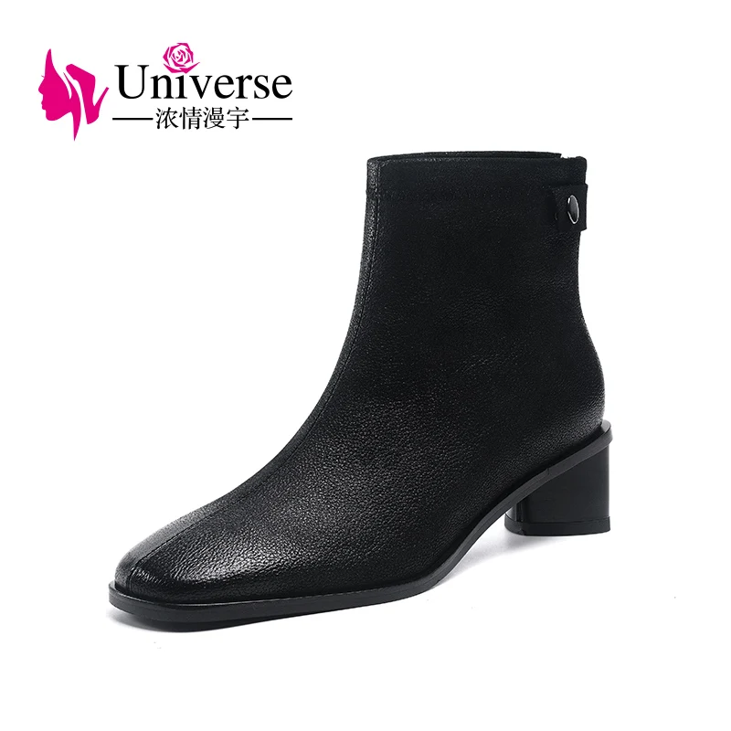 

J323 Lady Genuine Leather Round toe Shoes Lady Elegant Square High Heels 4.5cm Latest New Design Zipp Ladies Boots