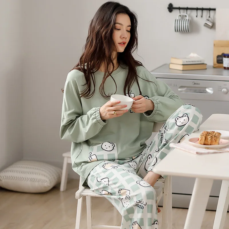 Осенний теплый женский пижамный комплект пижама из чистого хлопка зеленый