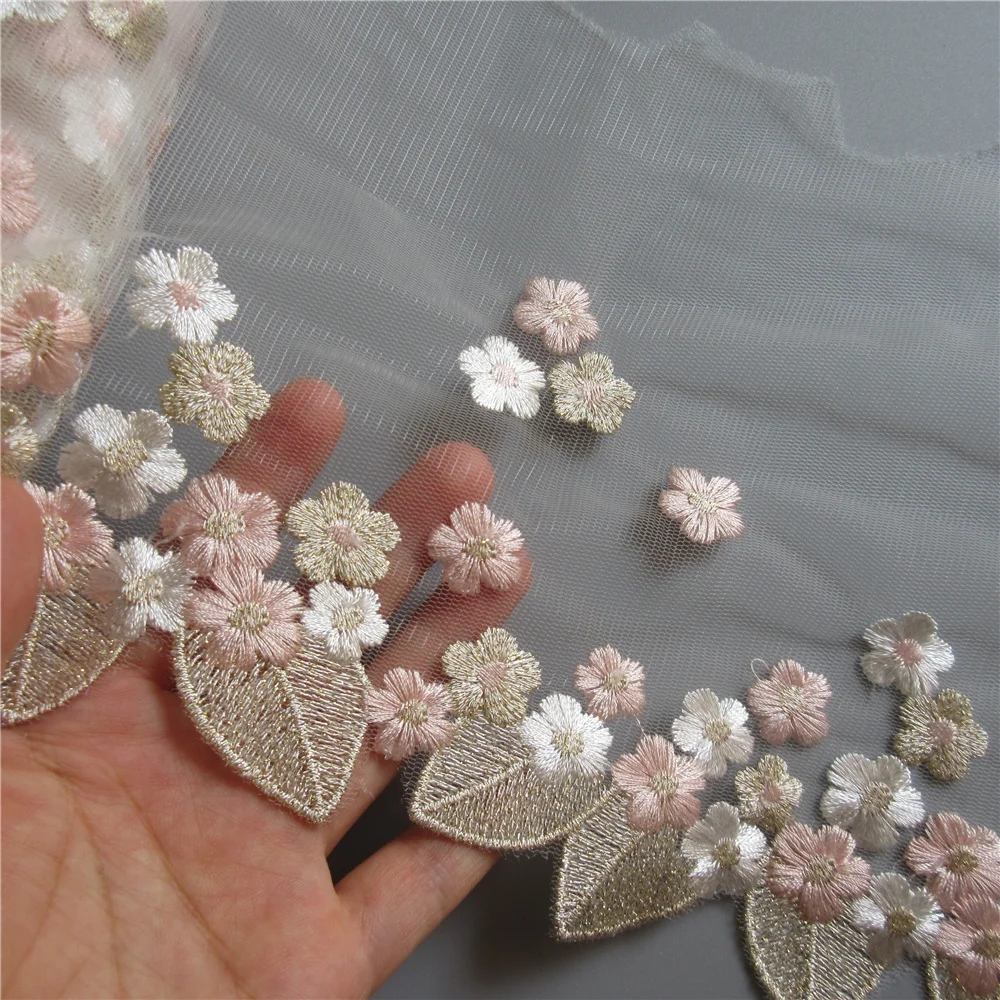 1 ярд Золотой лист розовый цветок сетка вышитая кружевная отделка лента ткань