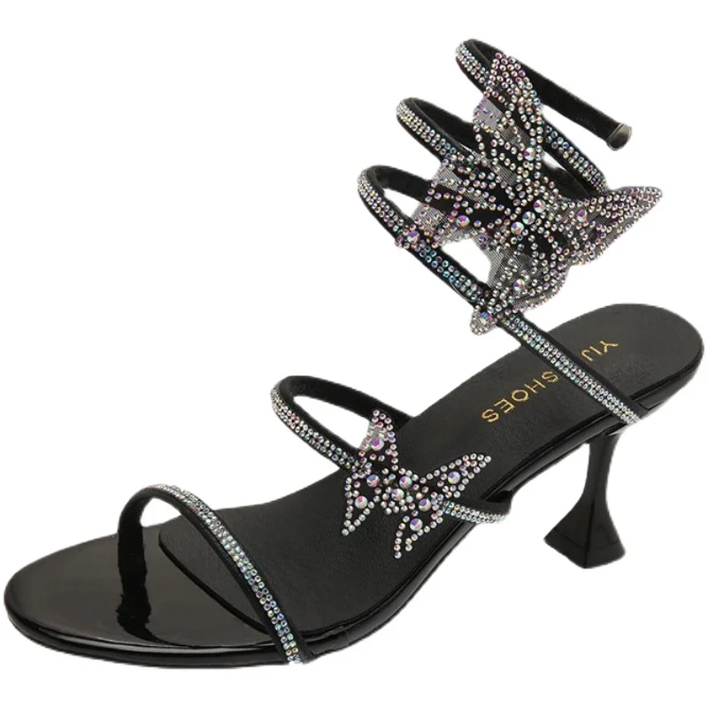 

Party Sandals Woman 2021 Suit Female Beige Clear Heels Shoes Med Square Toe Black Bow High Stiletto Rhinestone Medium Fashion Su