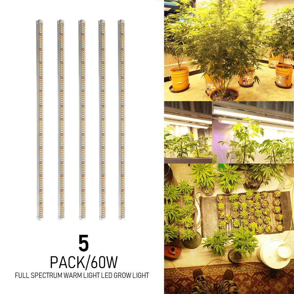 XRYL 5pcs/lot 1.2M 60W Tube Full Spectrum Warm Light Growing LED Growing Lamp For Indoor Plants Seeding Growth Tent Complete Kit
