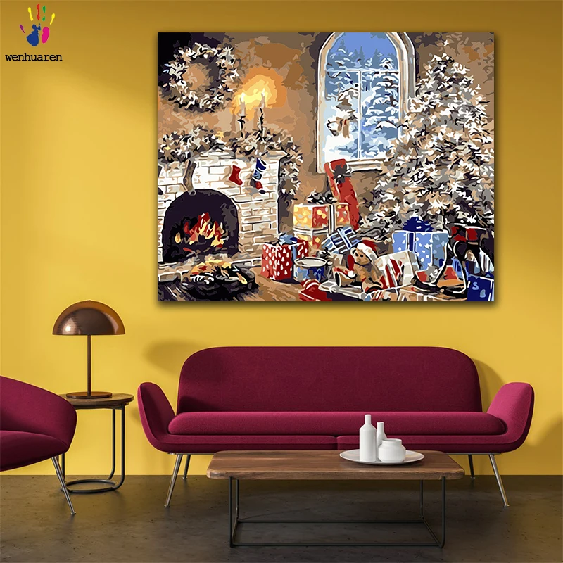 Раскрашивание по номерам DIY Рождественский подарок впереди камина рисунок