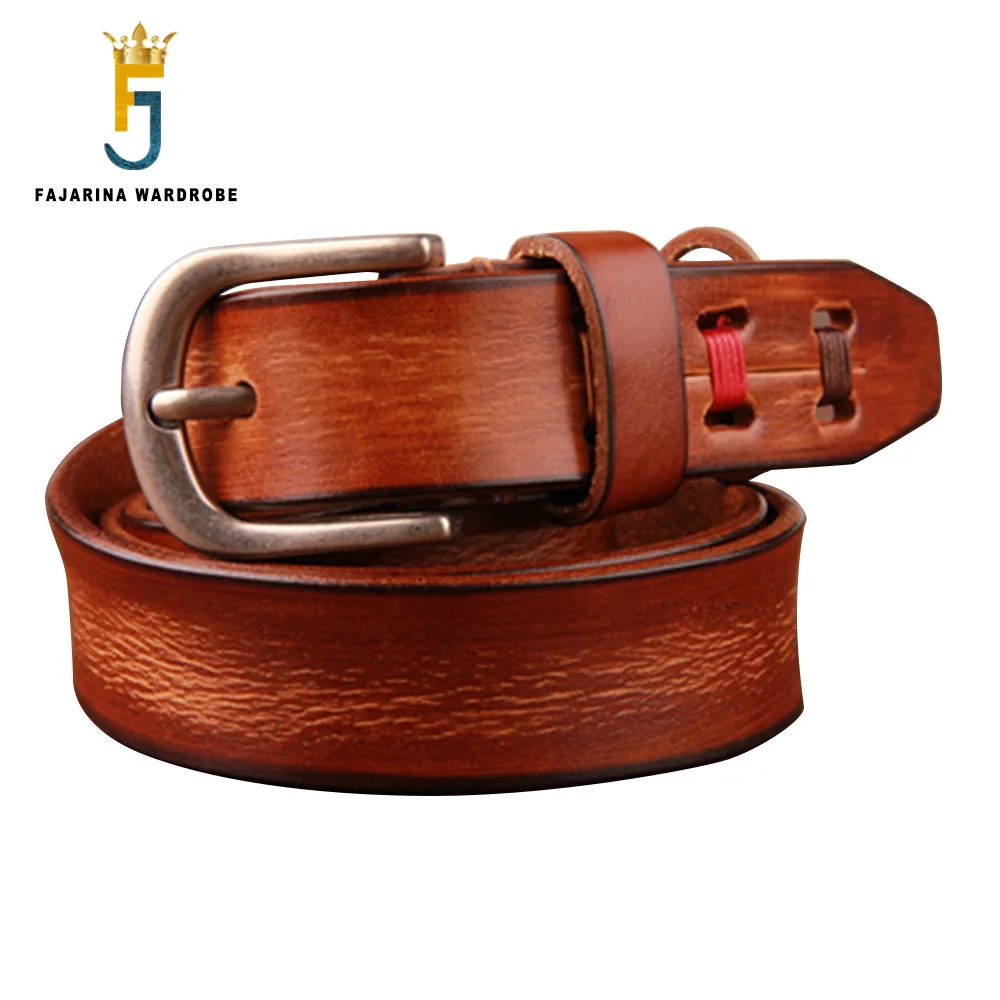 FAJARINA Ladies Top Quality Retro Brass Buckle Belts Metal Clothing Jean Black Cow Cowhide Leather 2.8cm Belt for Women N17FJ959