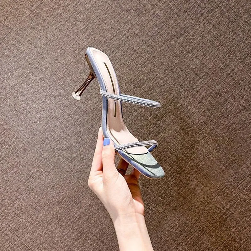 

Blue PU Leather Rhinestone Thin Heels Womens Party Shoes 2021Summer Hollow Out Non-Slip Slippers Fashion Peep Toe Light Slides