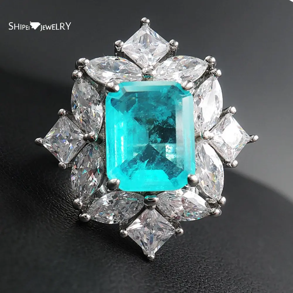

Shipei Vintage 925 Sterling Silver Paraiba Tourmaline Created Moissanite Gemstone Wedding Engagement Fine Jewelry Rings