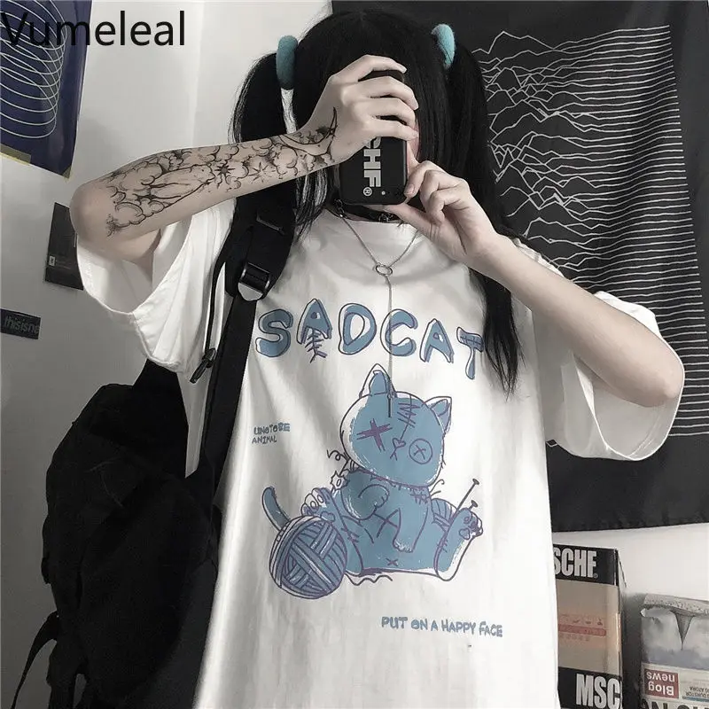 

Белая хлопковая футболка с коротким рукавом, летняя свободная летняя футболка в готическом стиле с дьяволом, футболка оверсайз в японском с...