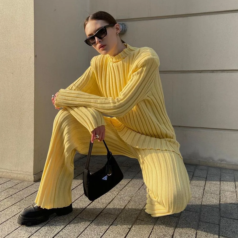 

Women's Knitted Long-Sleeved Sweater Pants Suit Sportswear Casual Solid Color Streetwear Loose 2-Piece Set Chic And Elegant