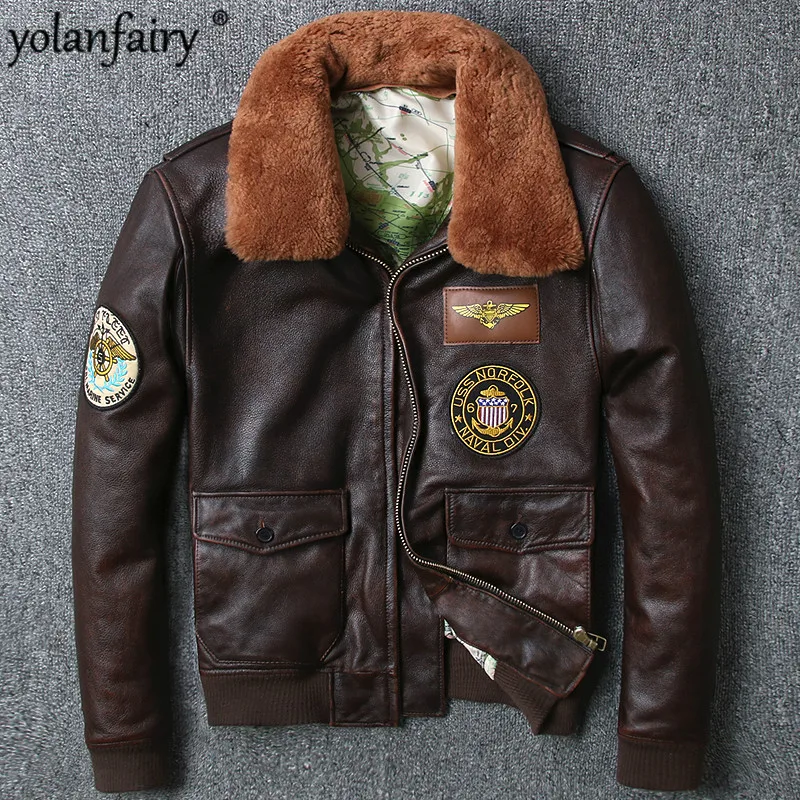 

YOLANFAIRY Geniune Vintage Leather Jacket Men 100% Pure Cow Leather Bomber Jackets Winter Warm Down Coat jaquetas de couro MF257