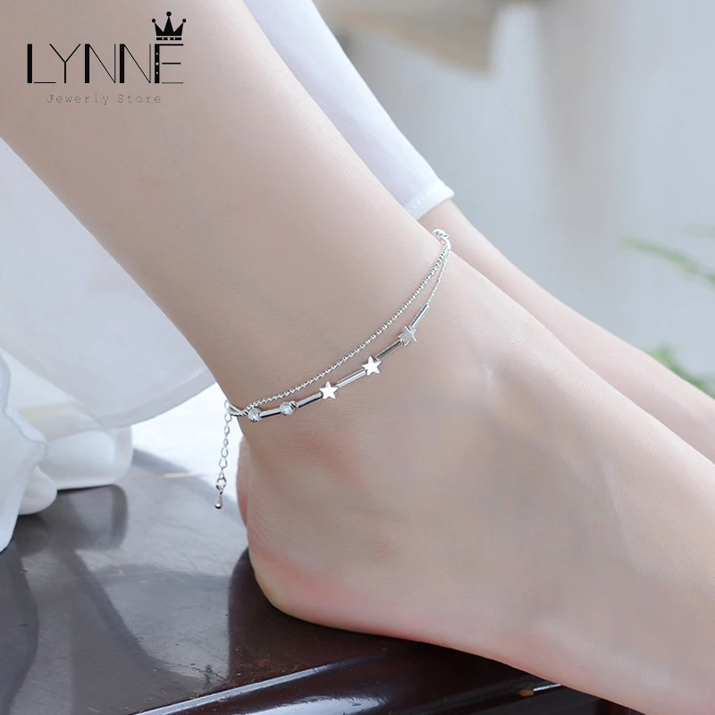 Браслеты на ногу женские из серебра 925 пробы двухслойные анклеты-цепочки со