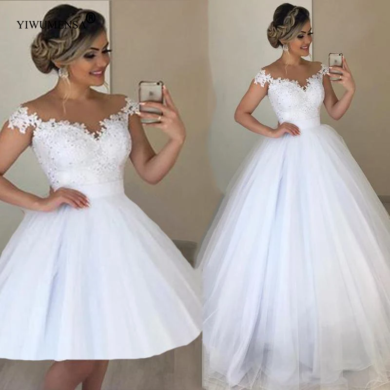 

Puffy Tulle Short Sleeves Boho Wedding Dress Lace A Line Bridal Gown 2 In 1 Detachable Train Robe De Marriage For Women Dress