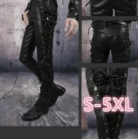 mens black thick leather side laces up jeans style long pant motorcycle leather trousers leather motorcycle pants