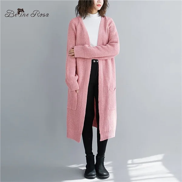 pink BelineRosa Элегантные Женские однотонные свободные длинные кардиганы, повседневная одежда размера плюс для женщин, вязаные свитера, BSDM0306 - Цвет: pink