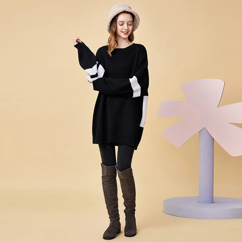 ARTKA 2020 Winter New Women Sweater Fashion Loose Wool Knitted Black Sweater Soft O-Neck Pullover Long Sweaters Dress YB25007D