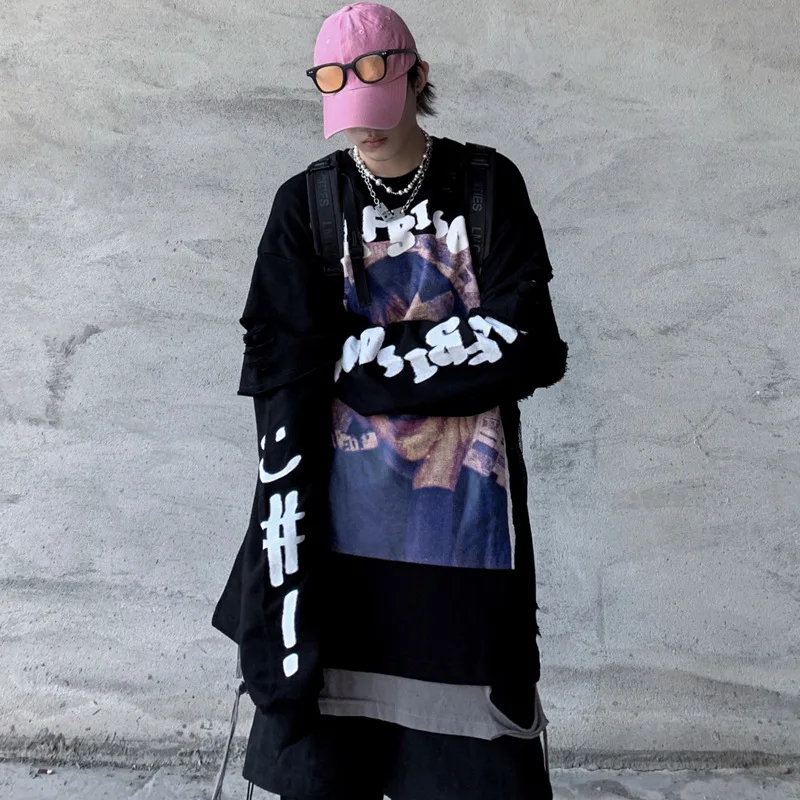 

Fake Two Pieces Pullover Sweatshirts Hoodies Long Sleeve Distressed Ripped Holes Streetwear Fashion Print Hip Hop Tops WQ295