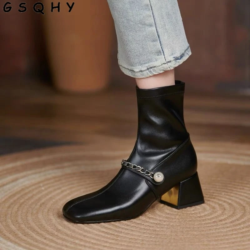 

Women Boots Metal Chain Square Heels Ankle Boots Women Autumn Pu Leather Med Heels Modern Boots Woman Pearl Zip Casual Botas