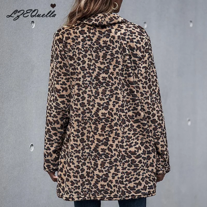 

Women Faux Fur Coat Fashion Streetwear Autumn winter Coat Long Sleeve Ladies Slim Leopard Long Coats Outerwear NZ2408
