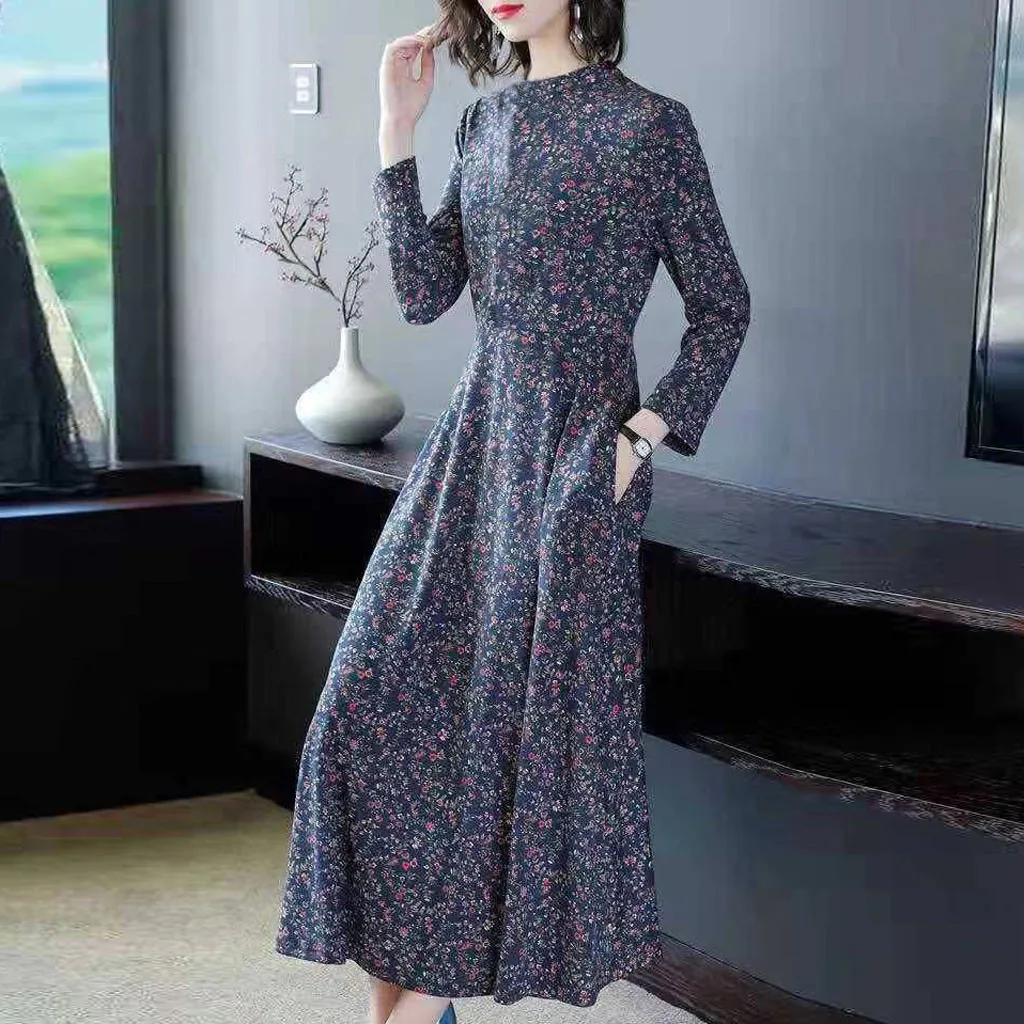 

Sagace 2021 New Summer Long Dress Fashion Women Casual Autumn Winter Floral Printed O-Neck Long Sleeve Dress