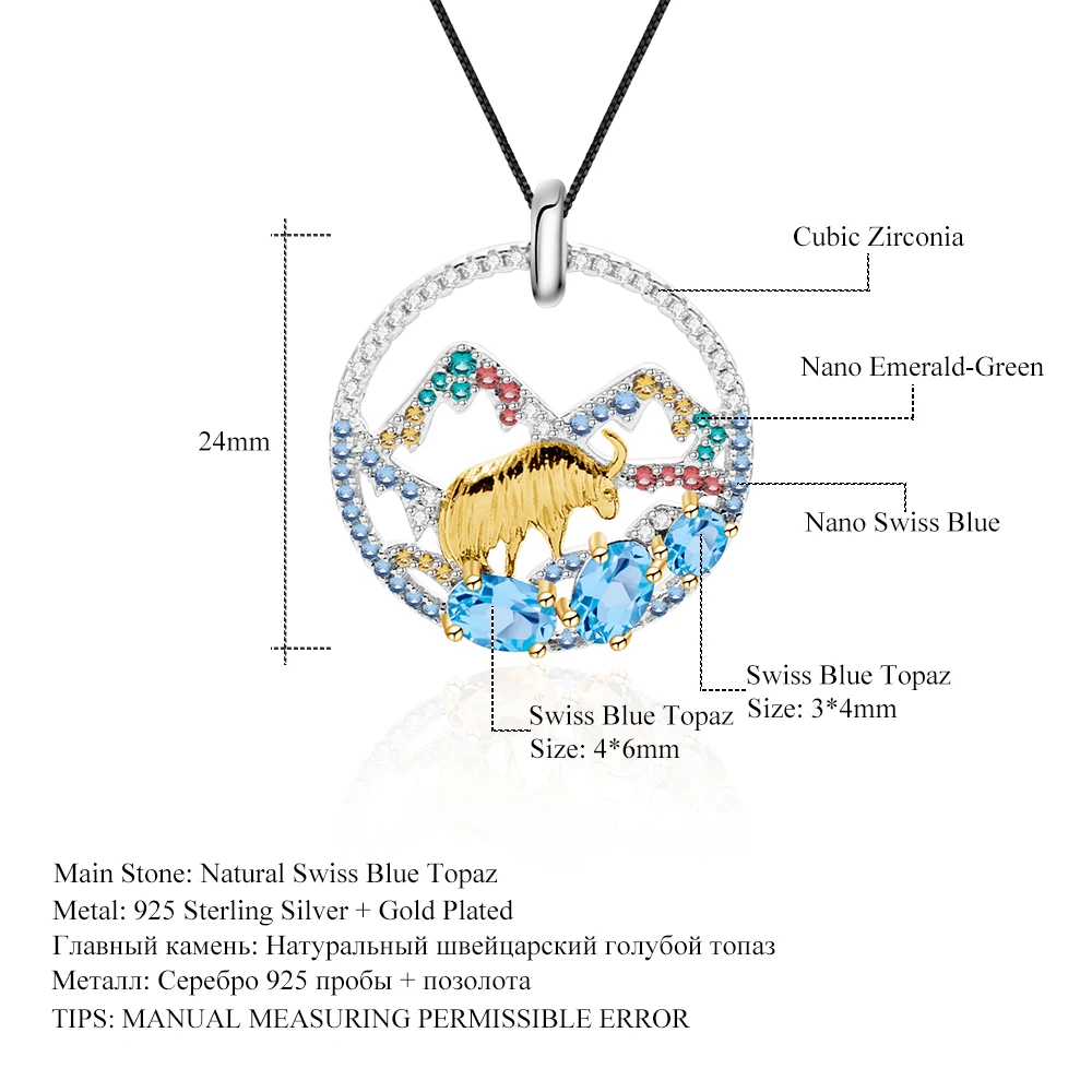 

GEM'S BALLET Mountain Golden Goat Pendant 925 sterling Silver Natural Blue Topaz Handcrafted Necklace For Women Fine Jewelry