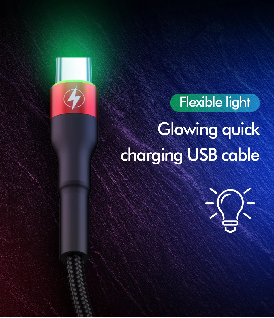 ROCK 5A Metal Led Light USB Type C Cable For Xiaomi Redmi Samsung OnePlus Huawei Mate 20 Pro Fast Charging Data USB C Quick 3.0