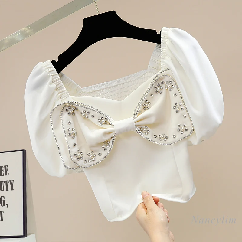 Haut Court Pour les femmes de L'industrie Lourde Perles Diamant intégré Tridimensionnel Grand Arc Rétro Manche Gigot Dos Plissé Élastique Chemise