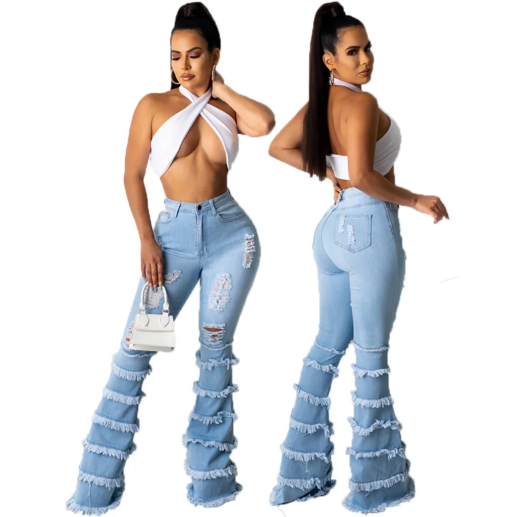 

Women's Denim Flared Trousers Long Fashion Trend Ripped Elastic Ladies Jeans Flared Trousers Temperament Commuter Female Jeans